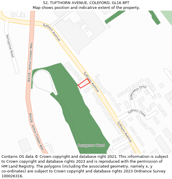 52, TUFTHORN AVENUE, COLEFORD, GL16 8PT: Location map and indicative extent of plot