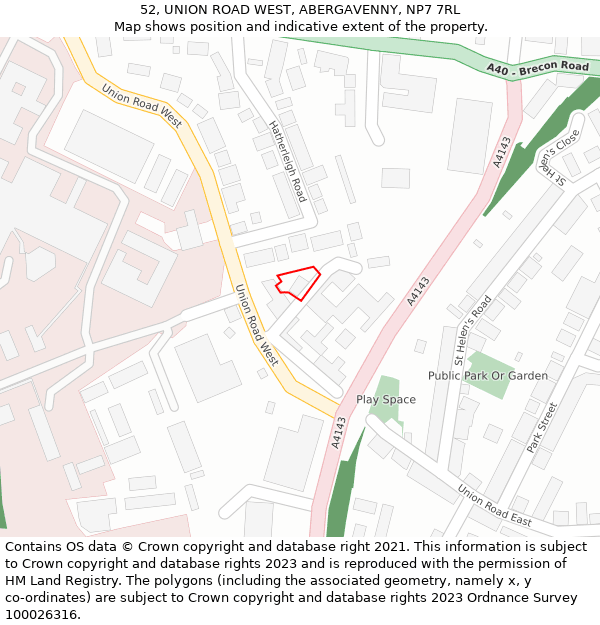 52, UNION ROAD WEST, ABERGAVENNY, NP7 7RL: Location map and indicative extent of plot
