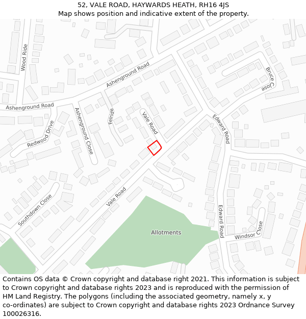 52, VALE ROAD, HAYWARDS HEATH, RH16 4JS: Location map and indicative extent of plot