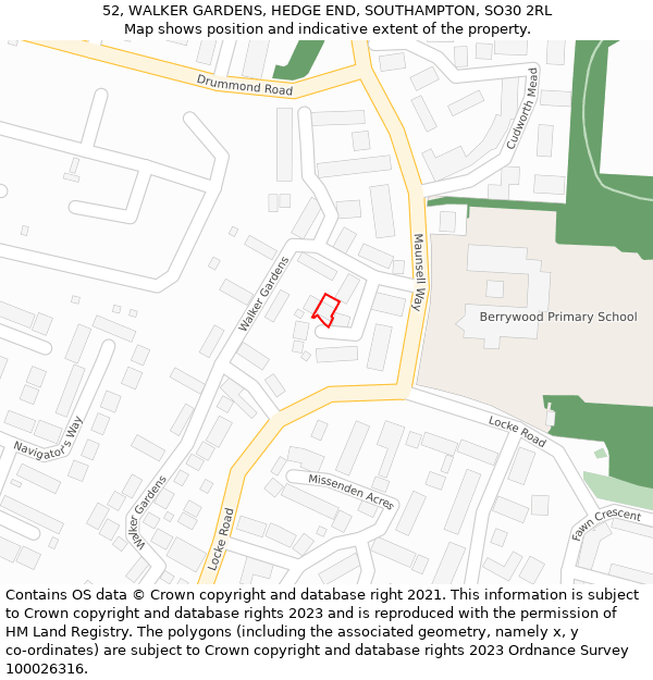 52, WALKER GARDENS, HEDGE END, SOUTHAMPTON, SO30 2RL: Location map and indicative extent of plot