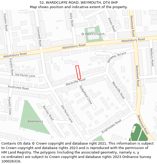 52, WARDCLIFFE ROAD, WEYMOUTH, DT4 0HP: Location map and indicative extent of plot