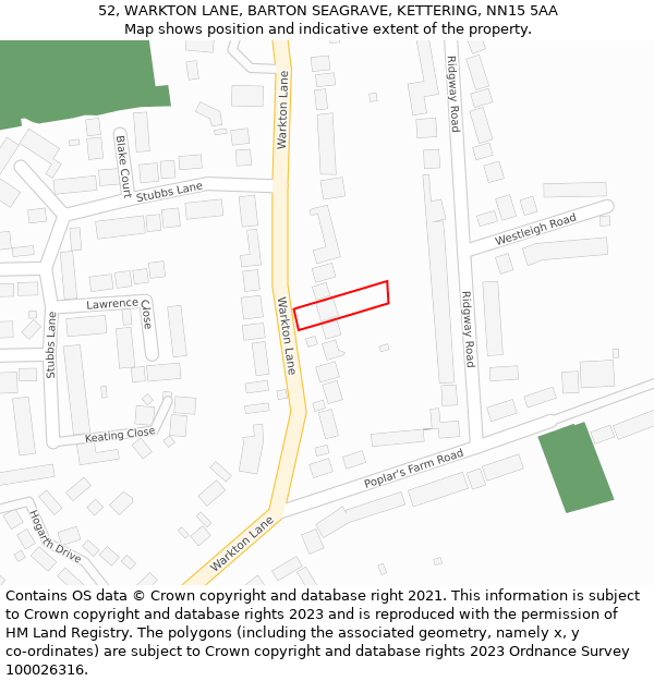 52, WARKTON LANE, BARTON SEAGRAVE, KETTERING, NN15 5AA: Location map and indicative extent of plot