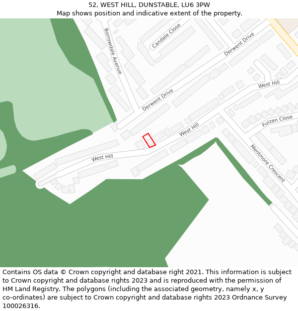 52, WEST HILL, DUNSTABLE, LU6 3PW: Location map and indicative extent of plot