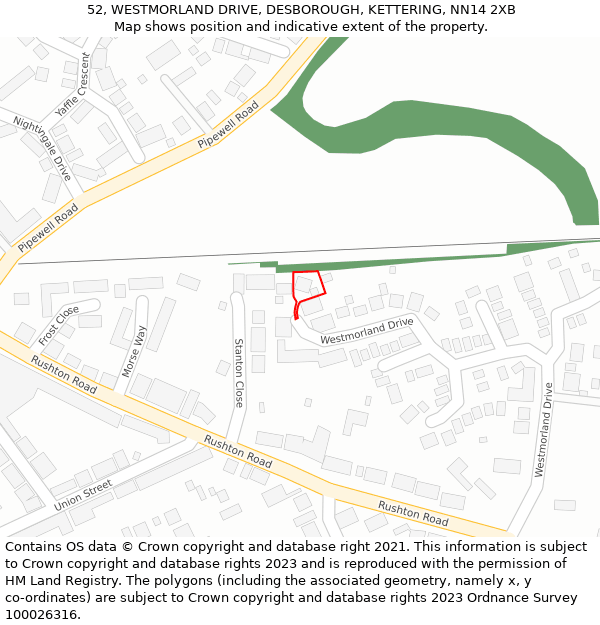 52, WESTMORLAND DRIVE, DESBOROUGH, KETTERING, NN14 2XB: Location map and indicative extent of plot
