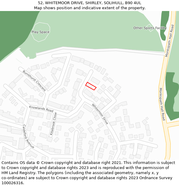 52, WHITEMOOR DRIVE, SHIRLEY, SOLIHULL, B90 4UL: Location map and indicative extent of plot