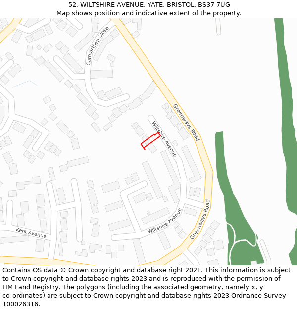 52, WILTSHIRE AVENUE, YATE, BRISTOL, BS37 7UG: Location map and indicative extent of plot