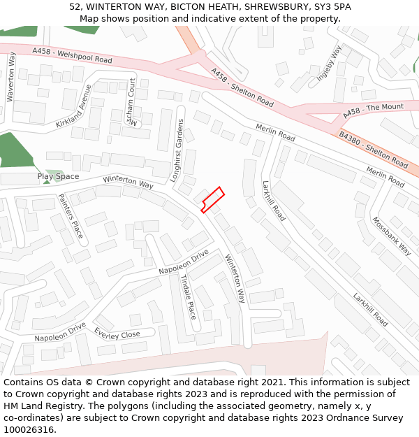 52, WINTERTON WAY, BICTON HEATH, SHREWSBURY, SY3 5PA: Location map and indicative extent of plot