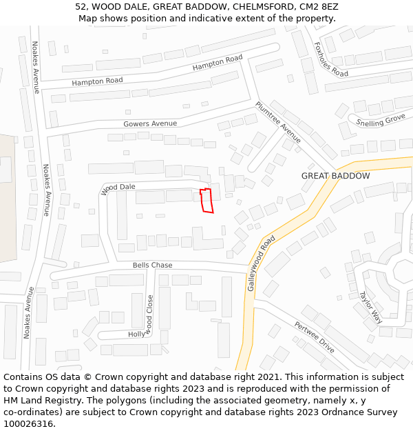 52, WOOD DALE, GREAT BADDOW, CHELMSFORD, CM2 8EZ: Location map and indicative extent of plot