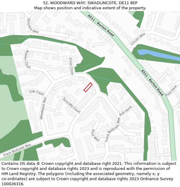 52, WOODWARD WAY, SWADLINCOTE, DE11 8EP: Location map and indicative extent of plot
