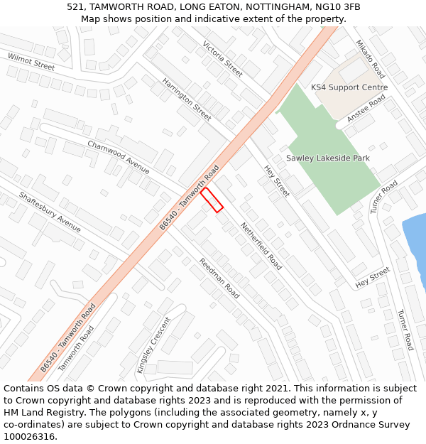 521, TAMWORTH ROAD, LONG EATON, NOTTINGHAM, NG10 3FB: Location map and indicative extent of plot