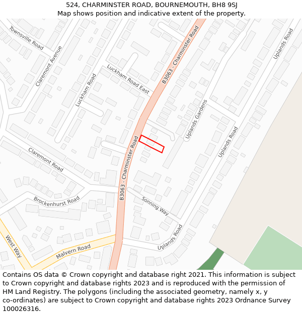 524, CHARMINSTER ROAD, BOURNEMOUTH, BH8 9SJ: Location map and indicative extent of plot
