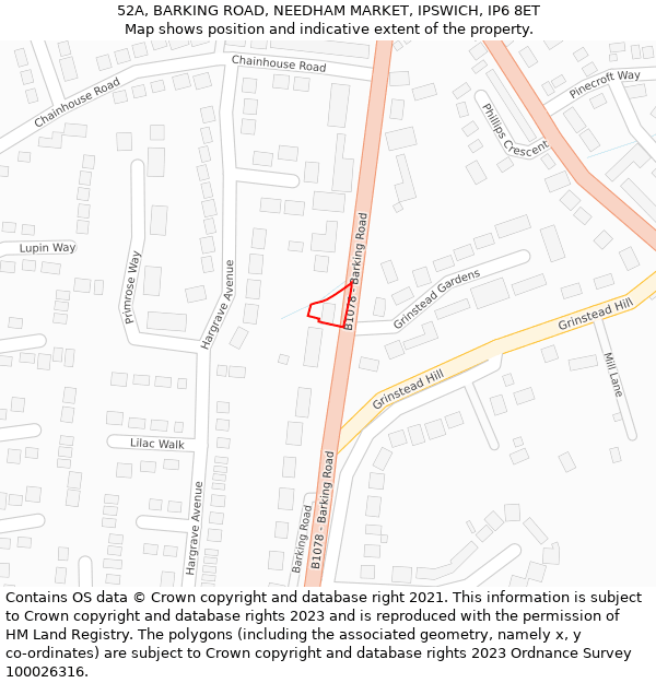 52A, BARKING ROAD, NEEDHAM MARKET, IPSWICH, IP6 8ET: Location map and indicative extent of plot