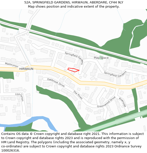 52A, SPRINGFIELD GARDENS, HIRWAUN, ABERDARE, CF44 9LY: Location map and indicative extent of plot