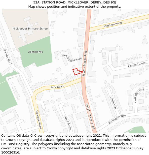52A, STATION ROAD, MICKLEOVER, DERBY, DE3 9GJ: Location map and indicative extent of plot