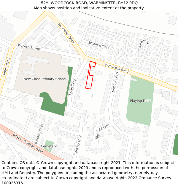 52A, WOODCOCK ROAD, WARMINSTER, BA12 9DQ: Location map and indicative extent of plot