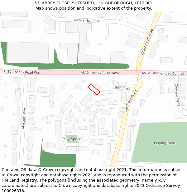 53, ABBEY CLOSE, SHEPSHED, LOUGHBOROUGH, LE12 9EH: Location map and indicative extent of plot