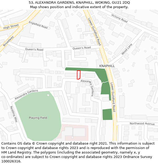 53, ALEXANDRA GARDENS, KNAPHILL, WOKING, GU21 2DQ: Location map and indicative extent of plot