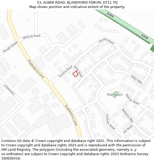 53, ALNER ROAD, BLANDFORD FORUM, DT11 7FJ: Location map and indicative extent of plot