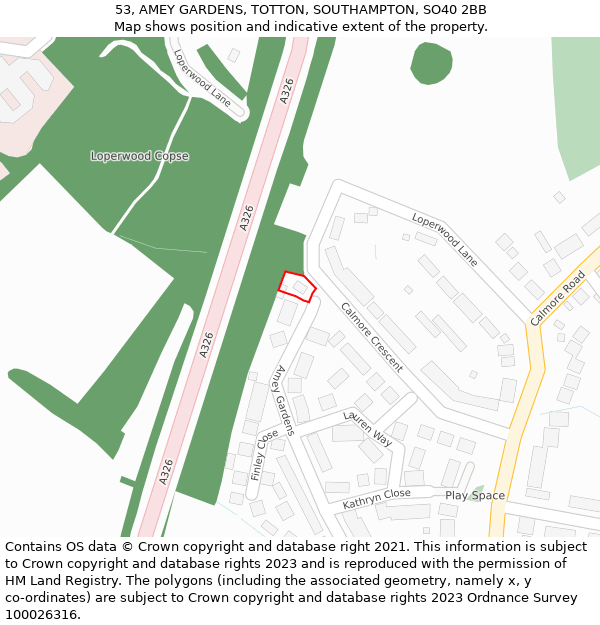 53, AMEY GARDENS, TOTTON, SOUTHAMPTON, SO40 2BB: Location map and indicative extent of plot