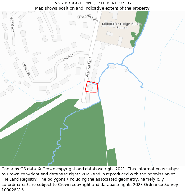 53, ARBROOK LANE, ESHER, KT10 9EG: Location map and indicative extent of plot