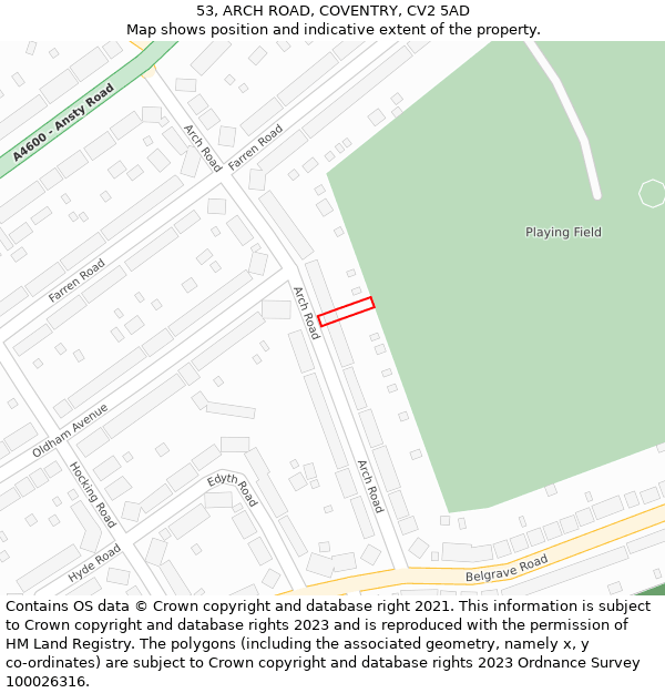 53, ARCH ROAD, COVENTRY, CV2 5AD: Location map and indicative extent of plot