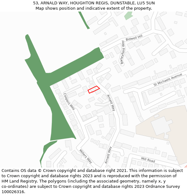 53, ARNALD WAY, HOUGHTON REGIS, DUNSTABLE, LU5 5UN: Location map and indicative extent of plot