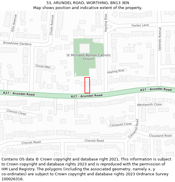 53, ARUNDEL ROAD, WORTHING, BN13 3EN: Location map and indicative extent of plot