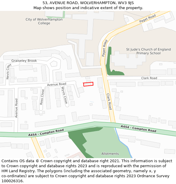 53, AVENUE ROAD, WOLVERHAMPTON, WV3 9JS: Location map and indicative extent of plot