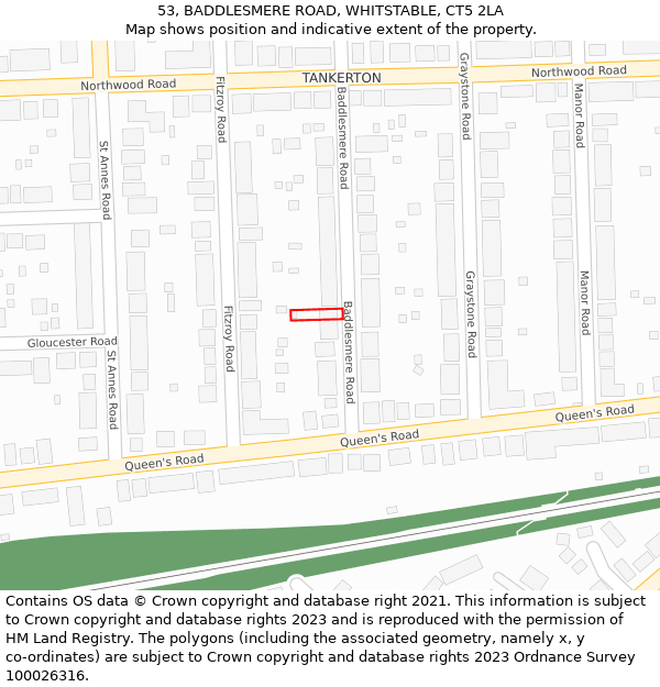 53, BADDLESMERE ROAD, WHITSTABLE, CT5 2LA: Location map and indicative extent of plot