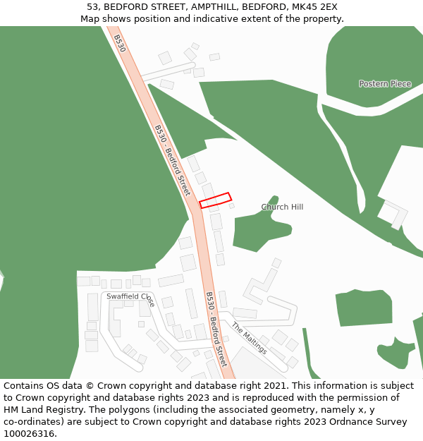 53, BEDFORD STREET, AMPTHILL, BEDFORD, MK45 2EX: Location map and indicative extent of plot