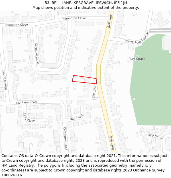 53, BELL LANE, KESGRAVE, IPSWICH, IP5 1JH: Location map and indicative extent of plot