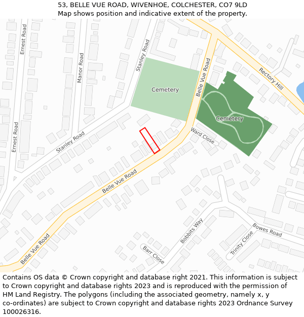 53, BELLE VUE ROAD, WIVENHOE, COLCHESTER, CO7 9LD: Location map and indicative extent of plot