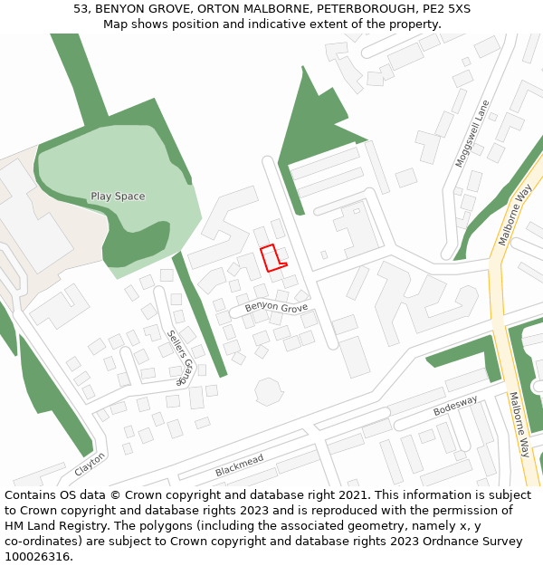 53, BENYON GROVE, ORTON MALBORNE, PETERBOROUGH, PE2 5XS: Location map and indicative extent of plot