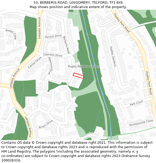 53, BERBERIS ROAD, LEEGOMERY, TELFORD, TF1 6XE: Location map and indicative extent of plot