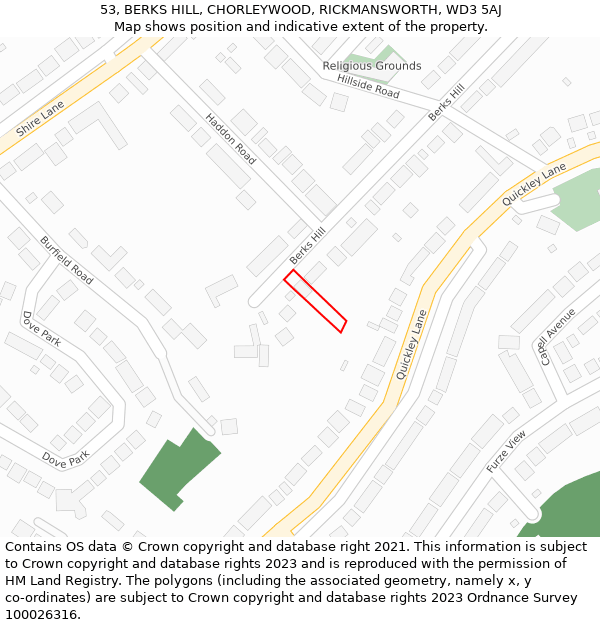 53, BERKS HILL, CHORLEYWOOD, RICKMANSWORTH, WD3 5AJ: Location map and indicative extent of plot