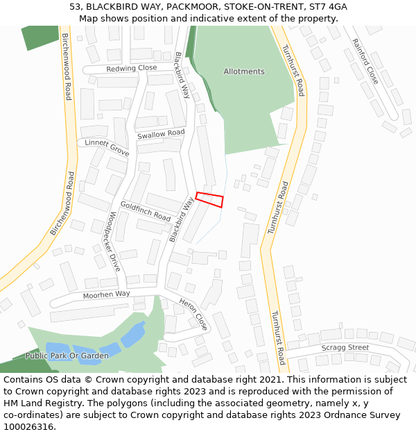 53, BLACKBIRD WAY, PACKMOOR, STOKE-ON-TRENT, ST7 4GA: Location map and indicative extent of plot