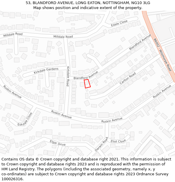 53, BLANDFORD AVENUE, LONG EATON, NOTTINGHAM, NG10 3LG: Location map and indicative extent of plot