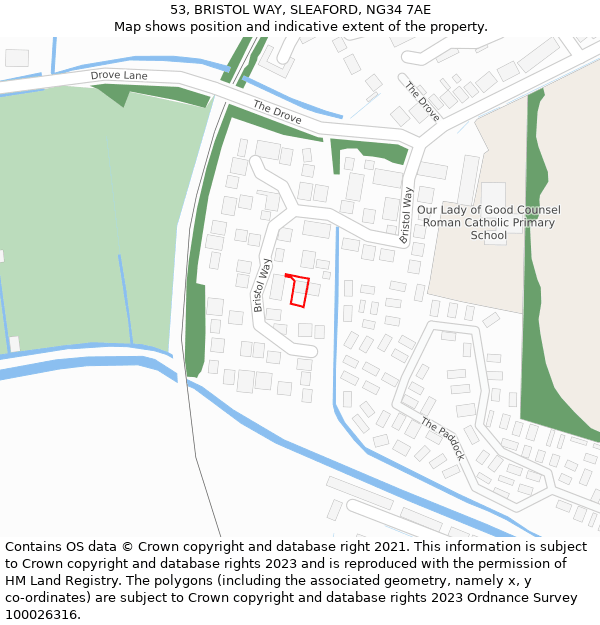 53, BRISTOL WAY, SLEAFORD, NG34 7AE: Location map and indicative extent of plot