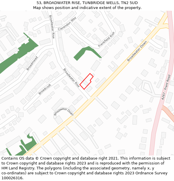 53, BROADWATER RISE, TUNBRIDGE WELLS, TN2 5UD: Location map and indicative extent of plot