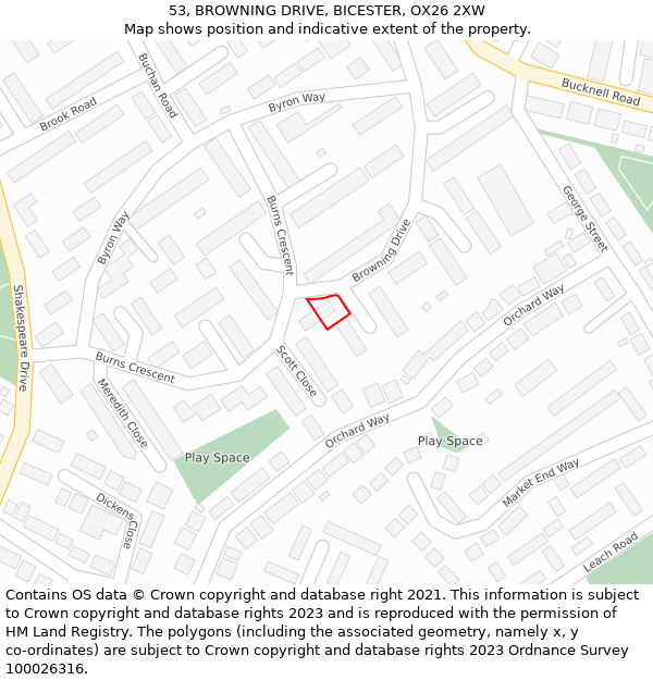 53, BROWNING DRIVE, BICESTER, OX26 2XW: Location map and indicative extent of plot