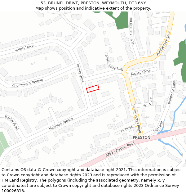 53, BRUNEL DRIVE, PRESTON, WEYMOUTH, DT3 6NY: Location map and indicative extent of plot