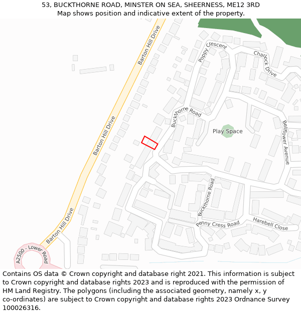 53, BUCKTHORNE ROAD, MINSTER ON SEA, SHEERNESS, ME12 3RD: Location map and indicative extent of plot