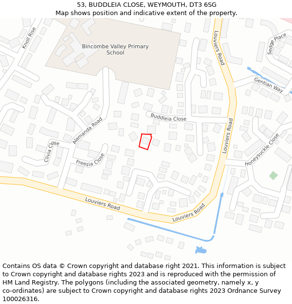 53, BUDDLEIA CLOSE, WEYMOUTH, DT3 6SG: Location map and indicative extent of plot