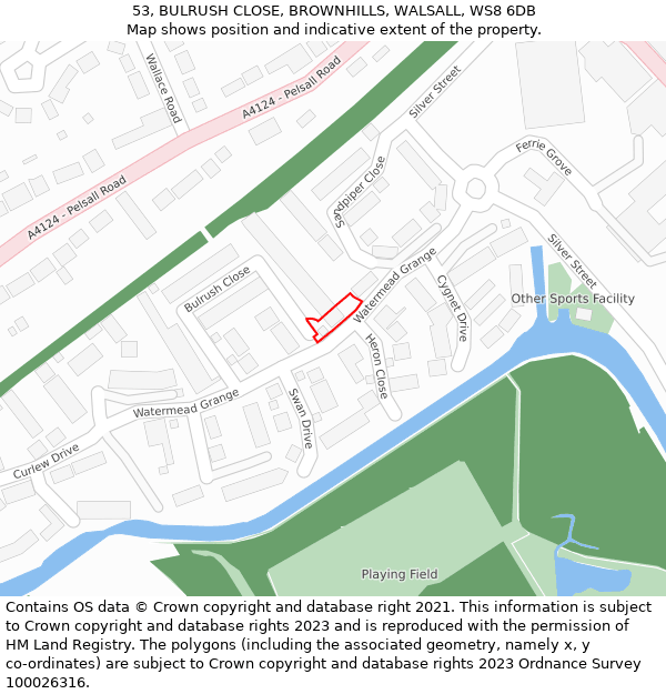 53, BULRUSH CLOSE, BROWNHILLS, WALSALL, WS8 6DB: Location map and indicative extent of plot