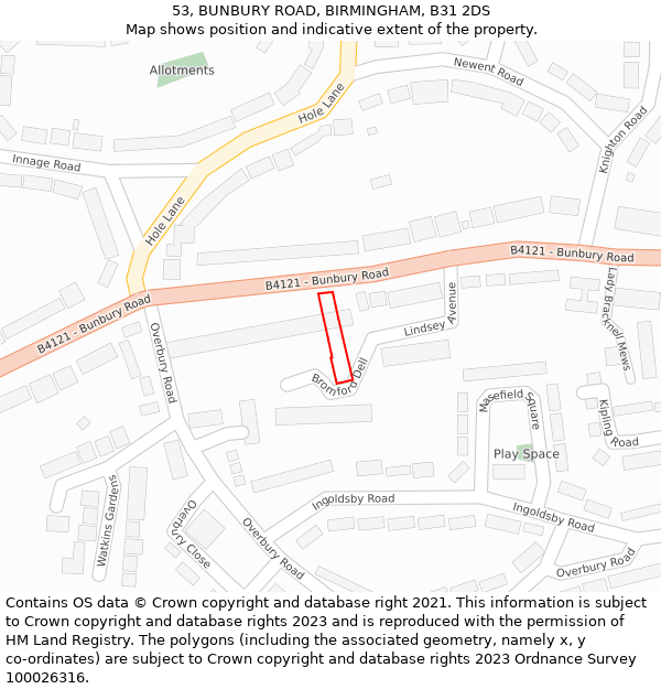 53, BUNBURY ROAD, BIRMINGHAM, B31 2DS: Location map and indicative extent of plot