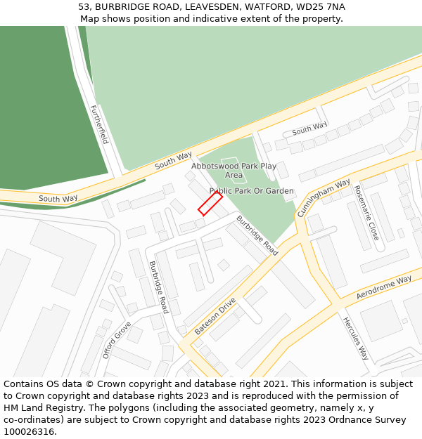 53, BURBRIDGE ROAD, LEAVESDEN, WATFORD, WD25 7NA: Location map and indicative extent of plot
