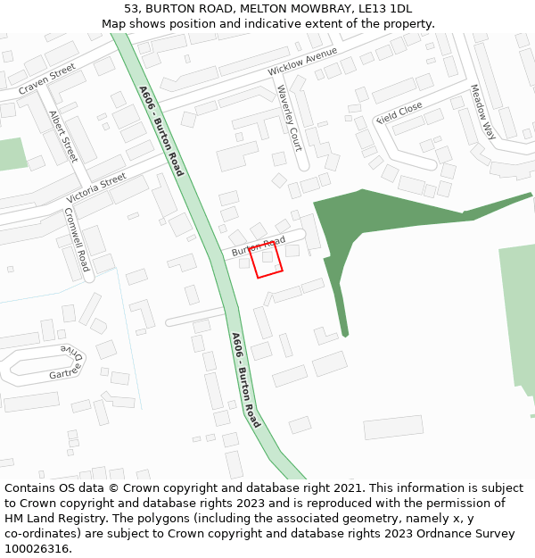 53, BURTON ROAD, MELTON MOWBRAY, LE13 1DL: Location map and indicative extent of plot