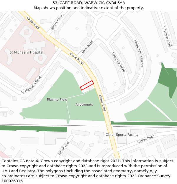 53, CAPE ROAD, WARWICK, CV34 5AA: Location map and indicative extent of plot