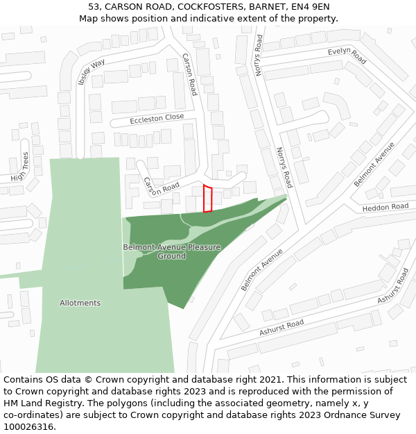 53, CARSON ROAD, COCKFOSTERS, BARNET, EN4 9EN: Location map and indicative extent of plot