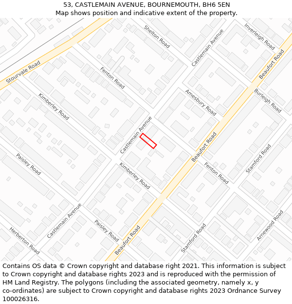 53, CASTLEMAIN AVENUE, BOURNEMOUTH, BH6 5EN: Location map and indicative extent of plot